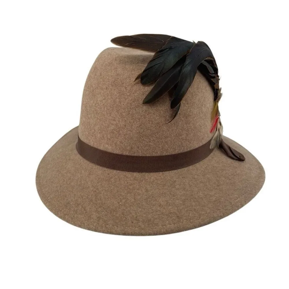 Vintage Knox Custom Felt Fedora Hat with Feather Accent Tan Wool Made in USA